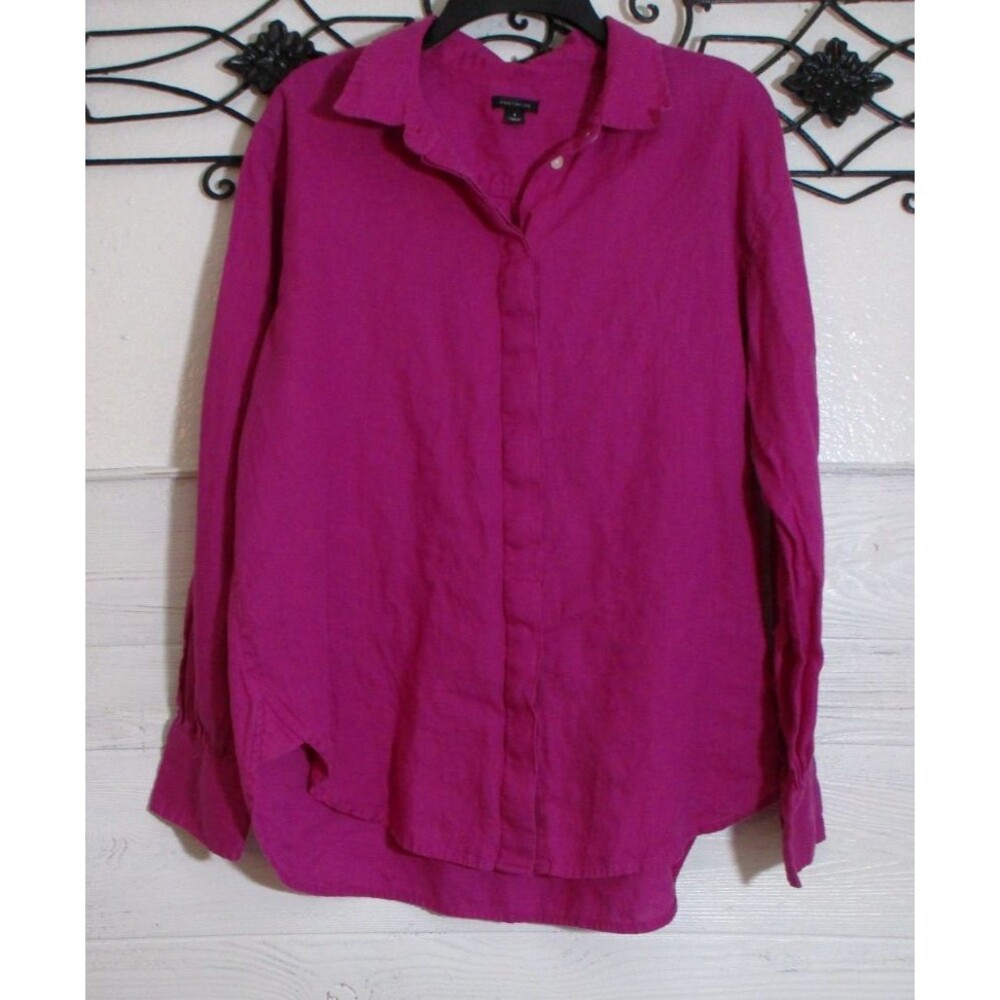 Ann Taylor Oversized Linen Women's Top Size M Long Sleeve Wine Button Up